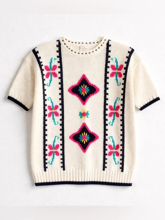 Vintage Lauren Grey Knit Floral Colorful Short Sleeve Sweater NWT Oversized Sz M - Picture 1 of 7